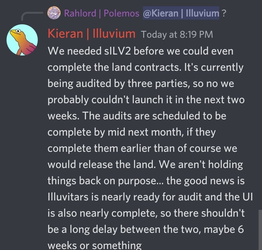 Updated on Wen Land &amp; Illuvitars:

- Audits to be completed by mid May
- Land to be released soon after audits
- illuvitars within 6 weeks

Potential release dates:
Land - Mid to End of May
illuvitars - June

$ILV #illuvium #Infoluvial