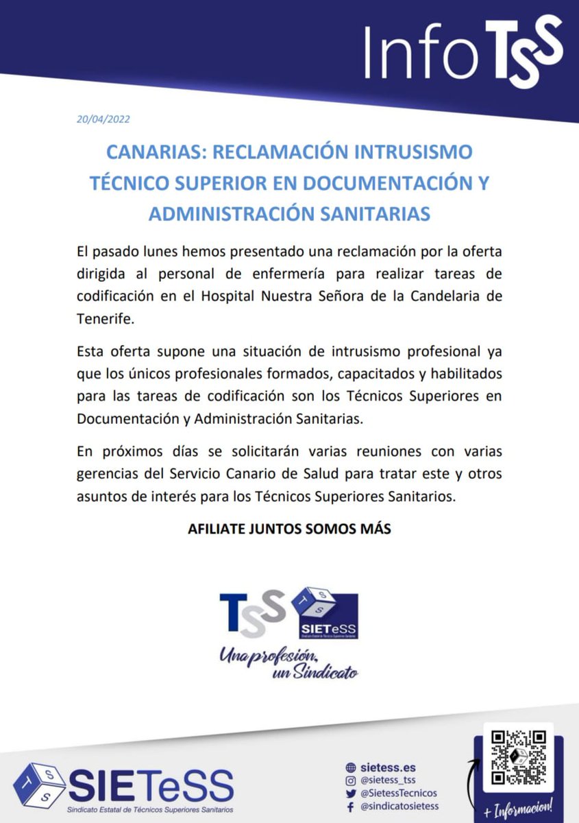 SietessTecnicos's tweet photo. Este lunes hemos presentado una reclamación por intrusismo ante la oferta dirigida al personal de enfermería para realizar tareas de codificación en el Hospital Nuestra Señora de la Candelaria de Tenerife.

Más info en 👉 https://t.co/VBCMCsYtY0

#JuntosSomosMás #TSDyAS #TSS https://t.co/YrAAARCc0H