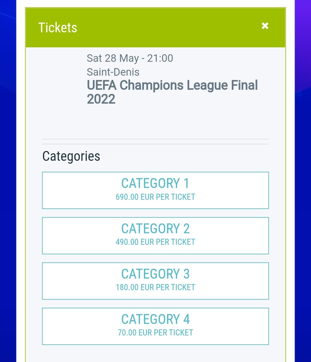 Footytix 海外サッカーチケット攻略ブログ 速報 Ucl 決勝のチケットが抽選販売開始 申込期間 4 28 木 日本時間21 00まで 一般販売枚数 12 000枚 価格 カテ4 70 カテ3 180 カテ2 490 カテ1 690 会場 スタッド