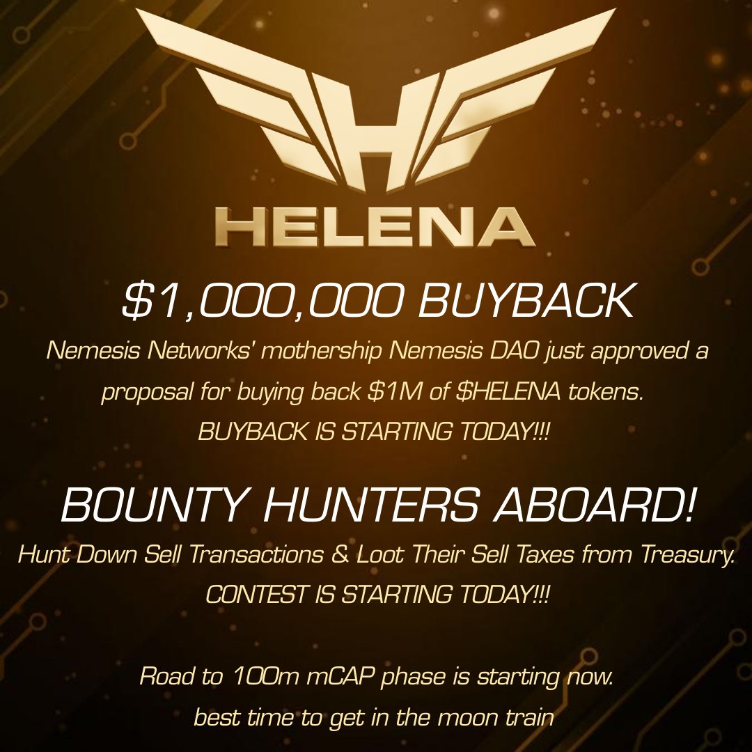 🚨BOUNTY HUNTER CONTEST ( 1 DAY LEFT!! ) 🚨

Ends: 21 April, 02:00 UTC
Kill Tracker: bit.ly/3KYYvxy
Kill Leaderboard: bit.ly/3v0V2cg 

For more info please visit:
Discord:   discord.gg/ht2N3vrdv9
Telegram: t.me/helenafinancial 

#Titano #SAFUU #DeFi