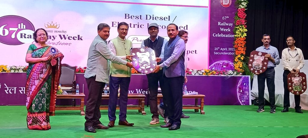 SCRailwayIndia's tweet photo. 67th Railway Week Celebrations - South Central Railway Efficiency Shields in various disciplines presented to Winning Divisions by Shri Arun Kumar Jain, General Manager (In-charge) during function held today at Rail Kalarang, #Secunderabad @drmned @drmgtl @arunjainir https://t.co/ARXioQcDzW