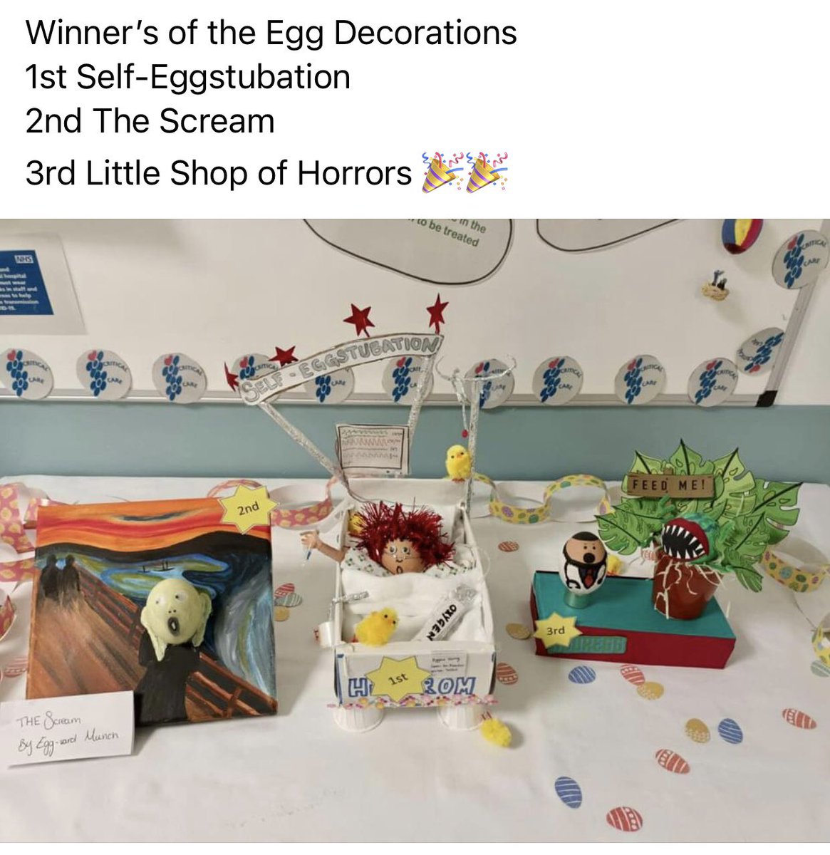 Easter fun on the Critical Care Department @QEGateshead 🐣 Our egg decorating competition highlighted the amazing, humorous &amp; creative skills of the team 🌟🌟🌟Well done to all that entered…Congratulations to the winners with ‘Self-Eggstubation’ 🤣 #Easter2022 #team #HWB