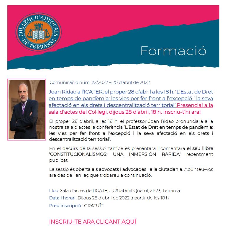 El proper dijous 28 d'abril a les 18 h, a la sala d'actes <a href="/ICATERadvocats/">Advocats Terrassa</a> el professor <a href="/Joanridao/">Joan Ridao</a> ens parlarà de 'L'Estat de Dret en temps de pandèmia' un tema de màxima actualitat. Apunta't ara! Sessió gratuïta i oberta a advocats/des i a la ciutadania ✍️forms.office.com/r/GKeLSBw2M4