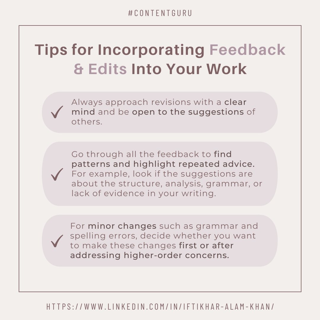 miftikharalam7's tweet photo. A good content writer should be able to defend their choices, but you should also be receptive to constructive feedback, whether it's from your clients or editors. Here are a few tips for incorporating feedback into your writing.
Join me:
LinkedIn: https://t.co/EGPOj2lqLS https://t.co/b3L35vDgux