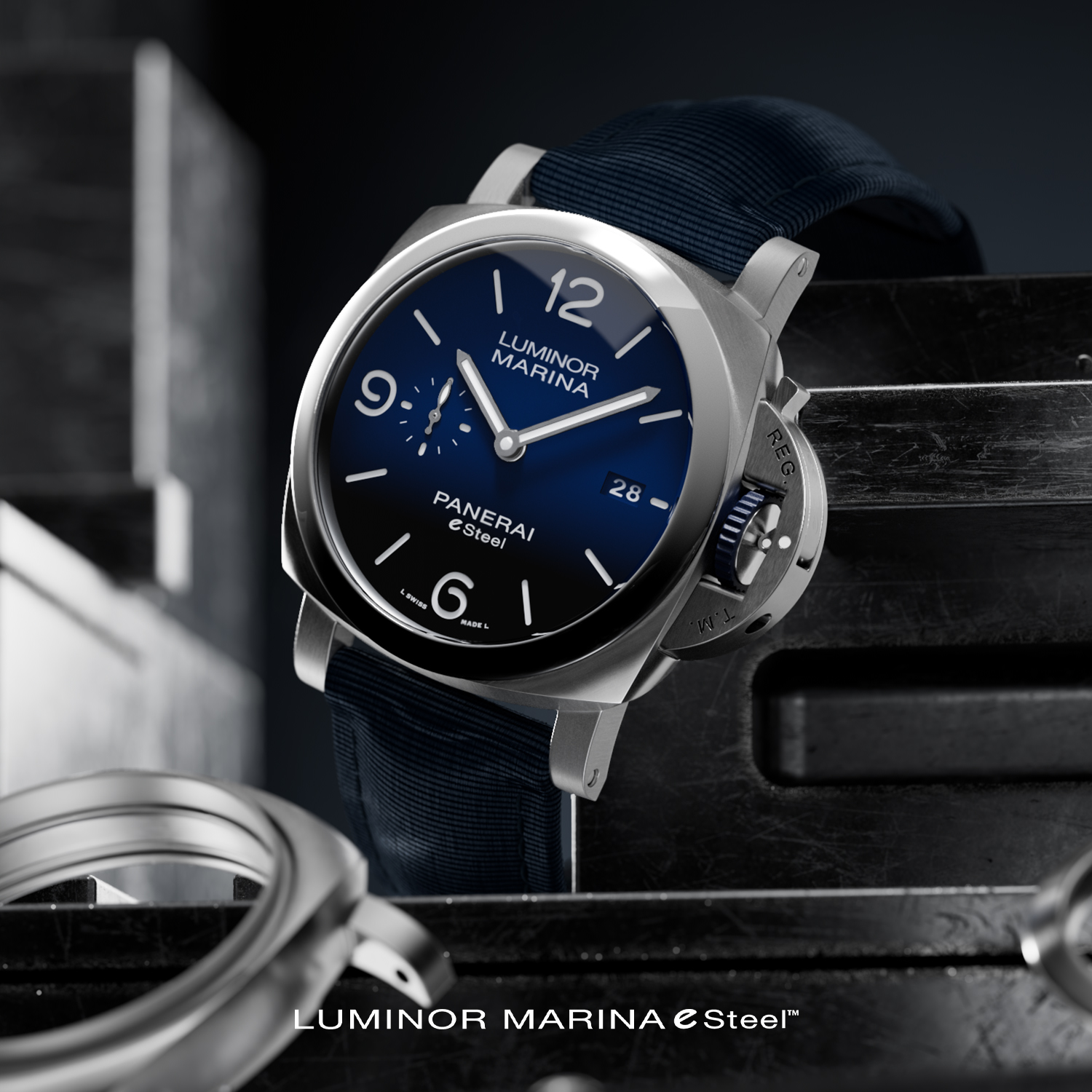Panerai on X New Luminor Marina eSteel collection. Available in three different versions in grey green and a blue. Each has a rubberized crown and a recycled PET strap in the