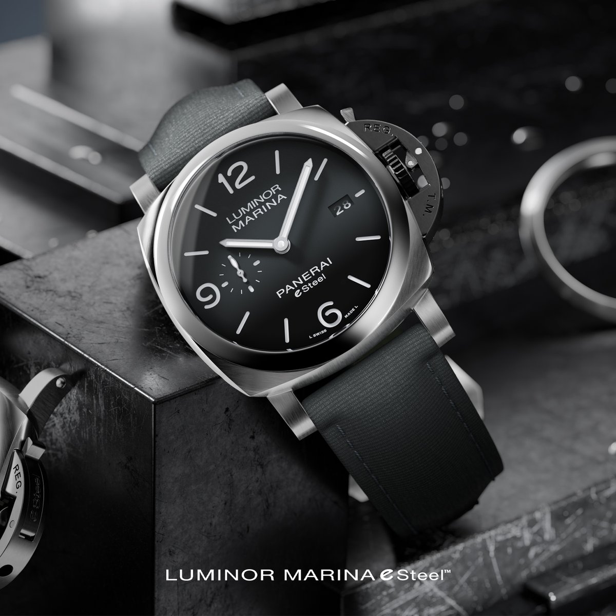 New Luminor Marina eSteel™️ collection. Available in three different versions: in grey , green and a blue. Each has a rubberized crown and a recycled PET strap in the corresponding color. #LuminorMarina #PaneraiEcologico #Luminor #LuminorMarina #PaneraieSteel #PaneraiEcologico