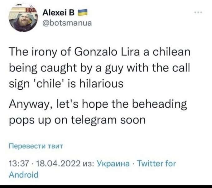 anatoliisharii's tweet photo. Well, when a person's head is cut off by a hero of Ukraine, even a Nazi, it's not so scary for the world community. "Botsman"-Korotkikh hinted who captured the Chilean blogger. https://t.co/7crd7ZPzXd