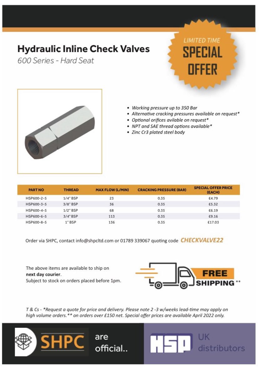 April’s special offer, Hydraulic In-line BSP Check Valves designed and manufactured in the UK, also available with by-pass, different cracking pressure and thread sizes.  Contact us for more information. #Hydraulics