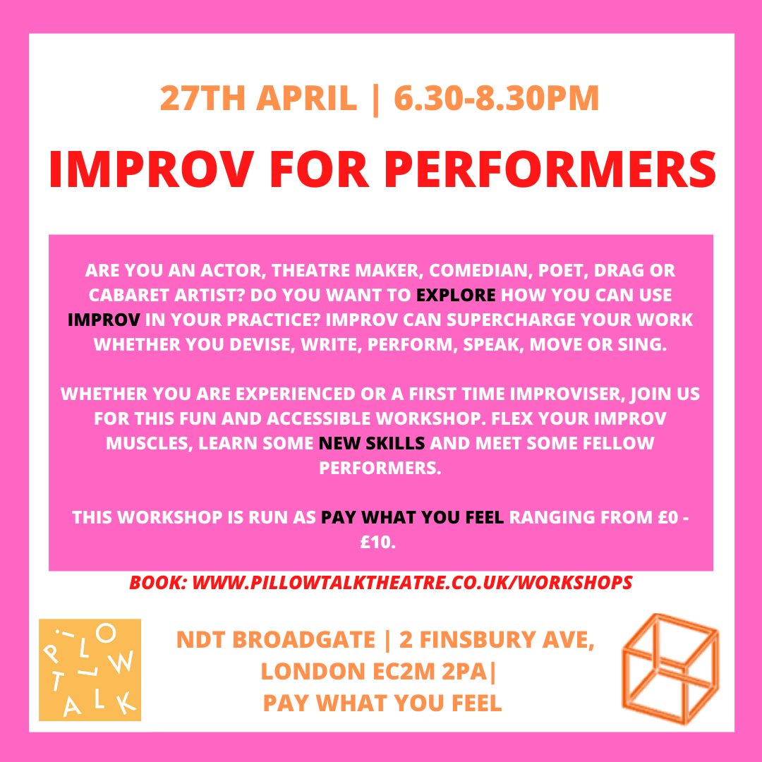 PillowTweetTalk's tweet image. EXCITING NEWS! We're running 2 free/Pay What You Feel improv workshops with @newdiorama Broadgate! Including one specifically for LGBTQ+ performers and makers. Places are limited, so please book asap to avoid improv sadness. Book here: pillowtalktheatre.co.uk/workshops