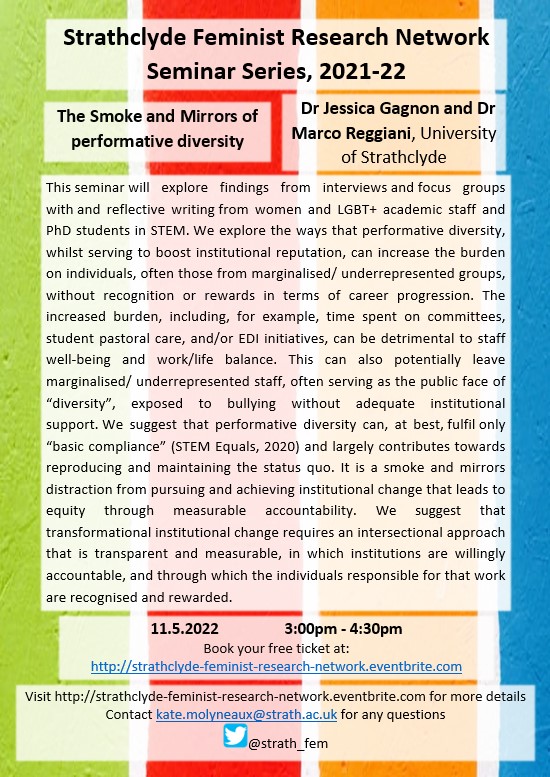 Join us at 3pm, on the 11th of May for our final seminar of this series. 'The Smoke and Mirrors of performative diversity' with <a href="/Jess_Gagnon/">Follow @jessgagnon on bluesky</a> and <a href="/marcoreggiani_/">Marco Reggiani</a> 
All welcome, book your free ticket at eventbrite.com/o/strathclyde-…