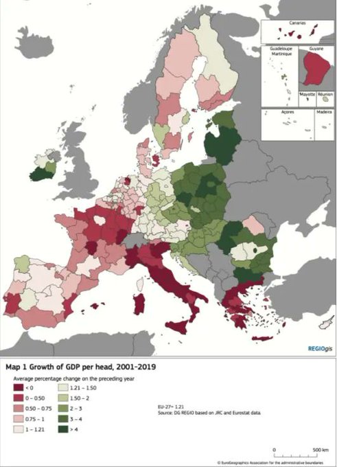 #Italia è il paese europeo con il maggior numero di regioni in stagnazione o in declino economico nei 20 anni che hanno preceduto la #pandemia