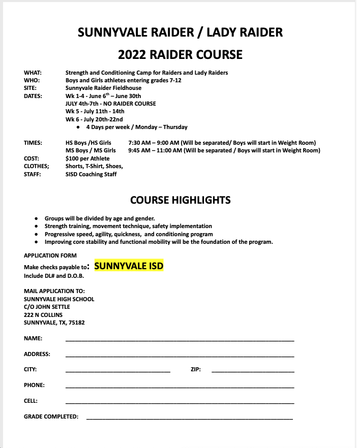 Lets GGOO Raiders!!  Raider Course will be here before we know it!!  Get signed up TODAY!!  <a href="/SunnyvaleISD/">Sunnyvale ISD</a> <a href="/FootballSvale/">Sunnyvale Football</a> <a href="/Raider_booster/">s v raiders</a> <a href="/SunnyvaleHoops/">Sunnyvale Basketball</a> <a href="/ValeSoftball/">Sunnyvale Softball</a> <a href="/SunnyvaleGBB/">SunnyvaleGBB</a> <a href="/SunnyvaleVball/">Sunnyvale Volleyball</a> <a href="/SvaleRaiderBSB/">Sunnyvale Raiders Baseball</a>