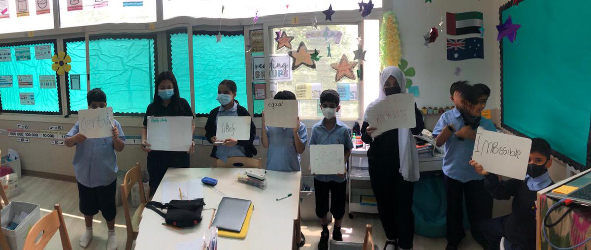 AIS_Grade5's tweet photo. Grade 5 are busy learning about probability! What are the chances? We can tell you! Pictured here are 5E students learning the language of probability and placing it on a continuum! #AISGrade5 https://t.co/fGQY59UlWB