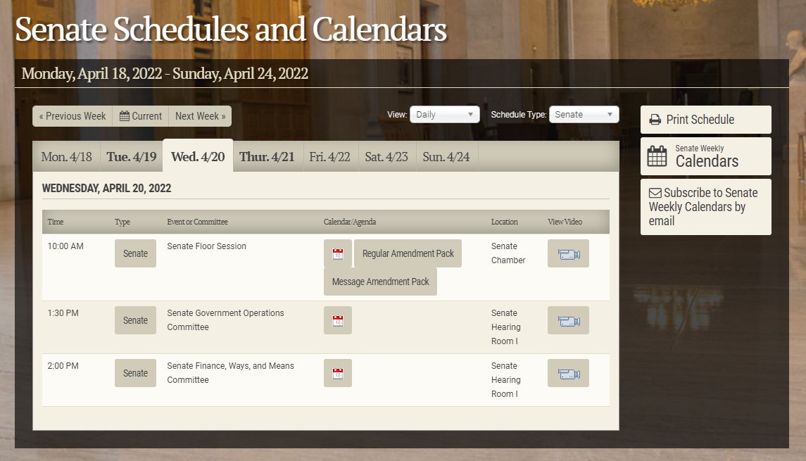 Senate committee schedule for Wednesday, April 20 Watch live @ capitol.tn.gov