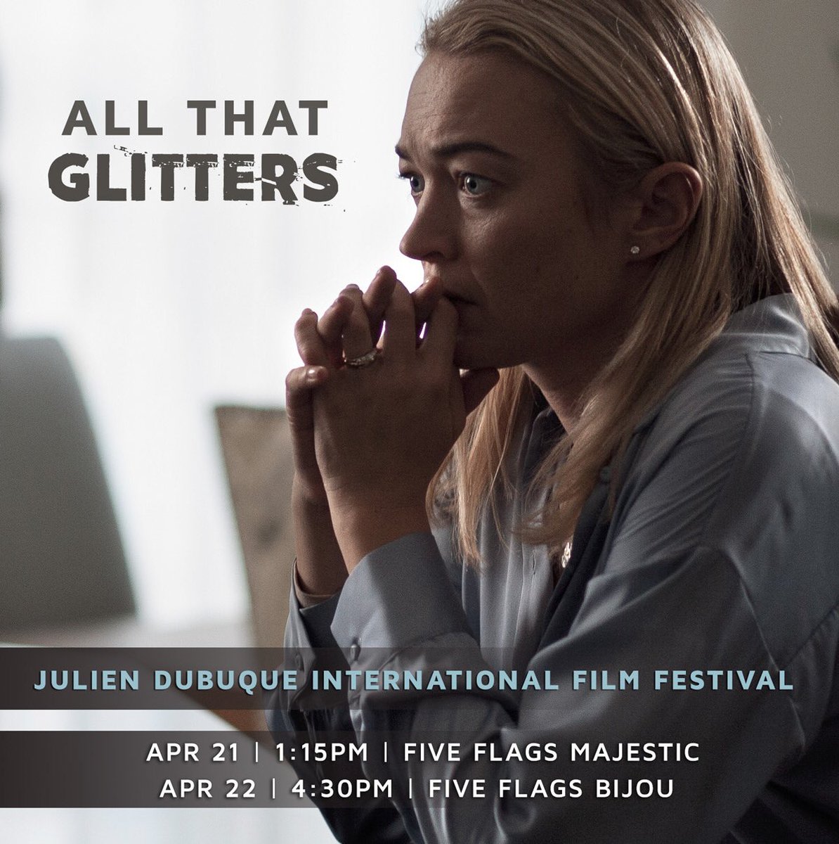 BuckleUpEntUK's tweet photo. #AllThatGlitters starring @SophiaMyles @AlecNewman1 screens @JulienFilmFest
Apr 21 | 1:15pm | Five Flags Majestic
Apr 22 | 4:30pm | Five Flags Bijou
405 Main St, Dubuque IA
@TillieSueMurray
@MackenzieProll
@BeCoMeCast
#shortfilm #JDIFF2022 #filmfest #britfilm #filmfestival https://t.co/FWqlZkrdUz