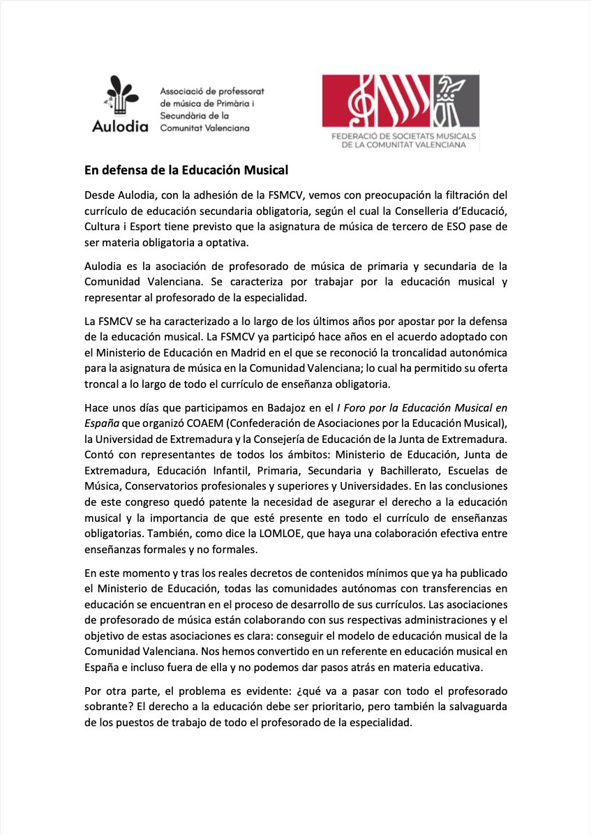 FSMCV's tweet photo. Uno de los principales motivos de que la Comunidad Valenciana sea una Tierra de Música es su educación musical en la que somos un ejemplo y un referente. No deshagamos el camino andado. 

#salvemlamusicaaleso https://t.co/yTBBldVzJD