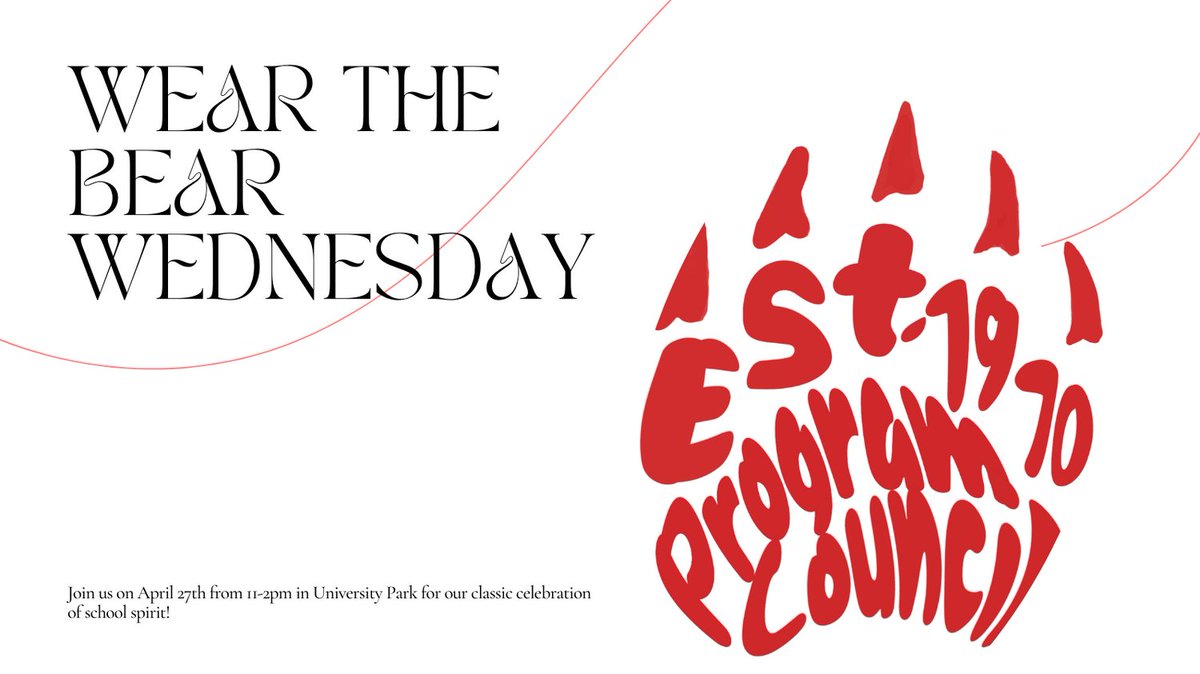 PCBSU's tweet photo. On Wednesdays we wear the bear! Join us next Wednesday on April 27th @11-2pm in University Park to celebrate school spirit! https://t.co/fcwQDm2QDA