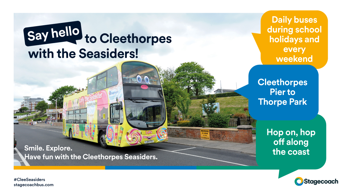 StagecoachEMid's tweet photo. Heading to #Cleethorpes for the weekend? Why not take a ride on the #CleeSeasiders, running up and down the seafront throughout Saturday and Sunday. Say hello to Cleethorpes with the Seasiders ➜ https://t.co/jMOasmxrNp https://t.co/eQA6HY8Dft