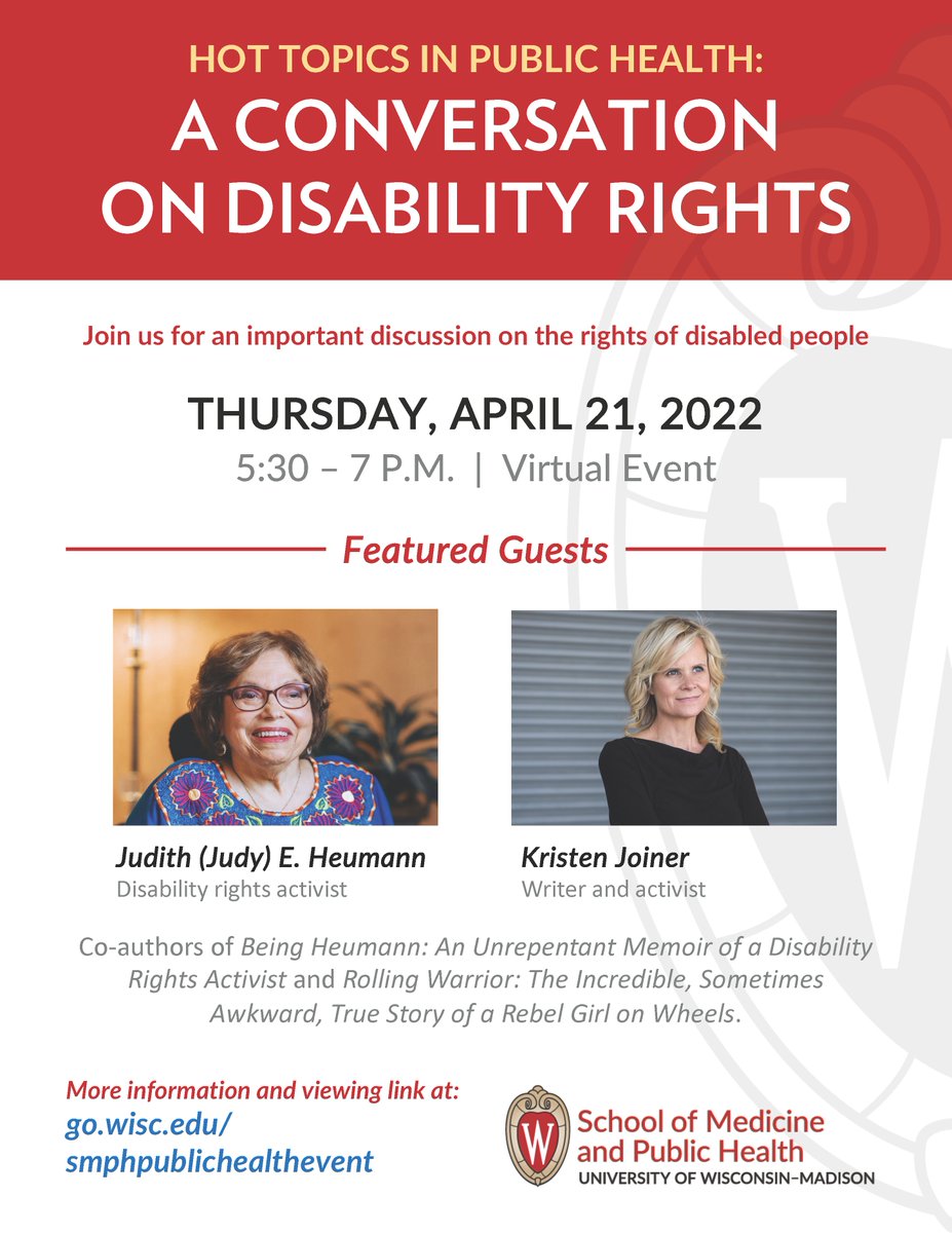 UW Dept of Family Medicine and Community Health (@widfm) on Twitter photo All are invited to join us for <a href="/uwsmph/">UW School of Medicine and Public Health</a> Hot Topics in Public Health, “A Conversation on Disability Rights”, moderated by our own William Schwab, MD. The event will take place virtually on Thur, April 21 from 5:30-7 PM. intranet.med.wisc.edu/building-commu… <a href="/judithheumann/">Judy Heumann Legacy</a> #CommunityHealth All are invited to join us for <a href="/uwsmph/">UW School of Medicine and Public Health</a> Hot Topics in Public Health, “A Conversation on Disability Rights”, moderated by our own William Schwab, MD. The event will take place virtually on Thur, April 21 from 5:30-7 PM. intranet.med.wisc.edu/building-commu… <a href="/judithheumann/">Judy Heumann Legacy</a> #CommunityHealth