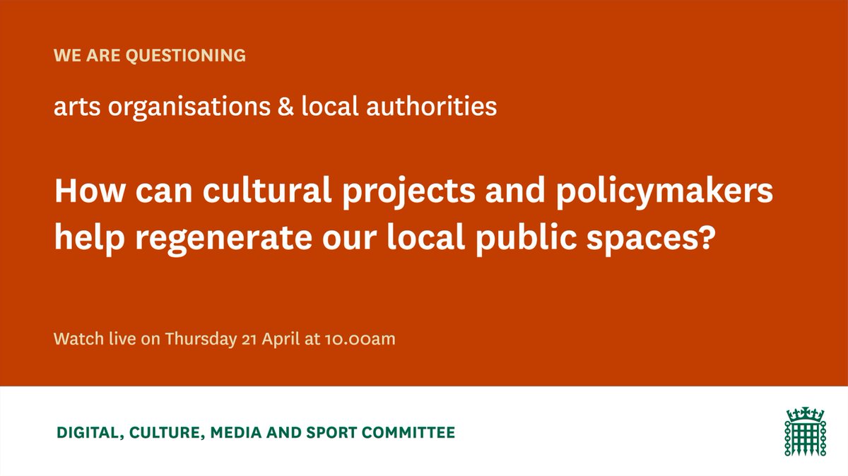 This week is our second #LevellingUpCulture inquiry session. We're talking to cultural organisations & councils: - @KMerrin, @TWAMmuseums - @SanazAmidi, @RosettaArts - @ClareRed, @wshed - @AbiBrown1, @SoTCityCouncil - @TimJoel9, @PrestonCouncil 📺: parliamentlive.tv/Event/Index/75…