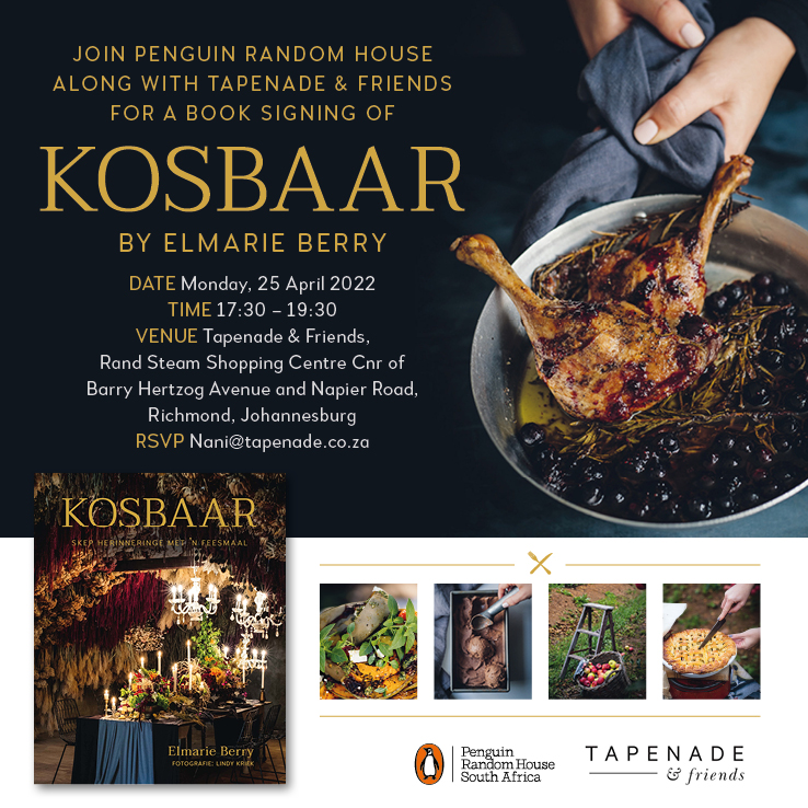 Please join Penguin Random House along with Tapenade &amp; Friends for a book signing of KOSBAAR by <a href="/ElmarieBerry/">Elmarie Berry 🌟🥂🌟</a> on Monday, 25 April at 17:30-19:30.

We hope to see you there! 😃