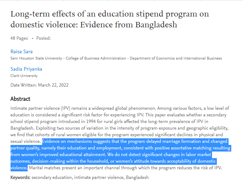 a_peterman's tweet photo. +1 on long-term impacts of cash:

@RaisaTSara &amp; @sadia_priyanka use variation in program intensity/eligibility to show the 🇧🇩 FSSSP:

* Reduces IPV, increases schooling &amp; partner quality
* No impacts on LFP, decision-making or attitudes supporting IPV

https://t.co/kITVf2yaS0 https://t.co/DaND5FSvOD
