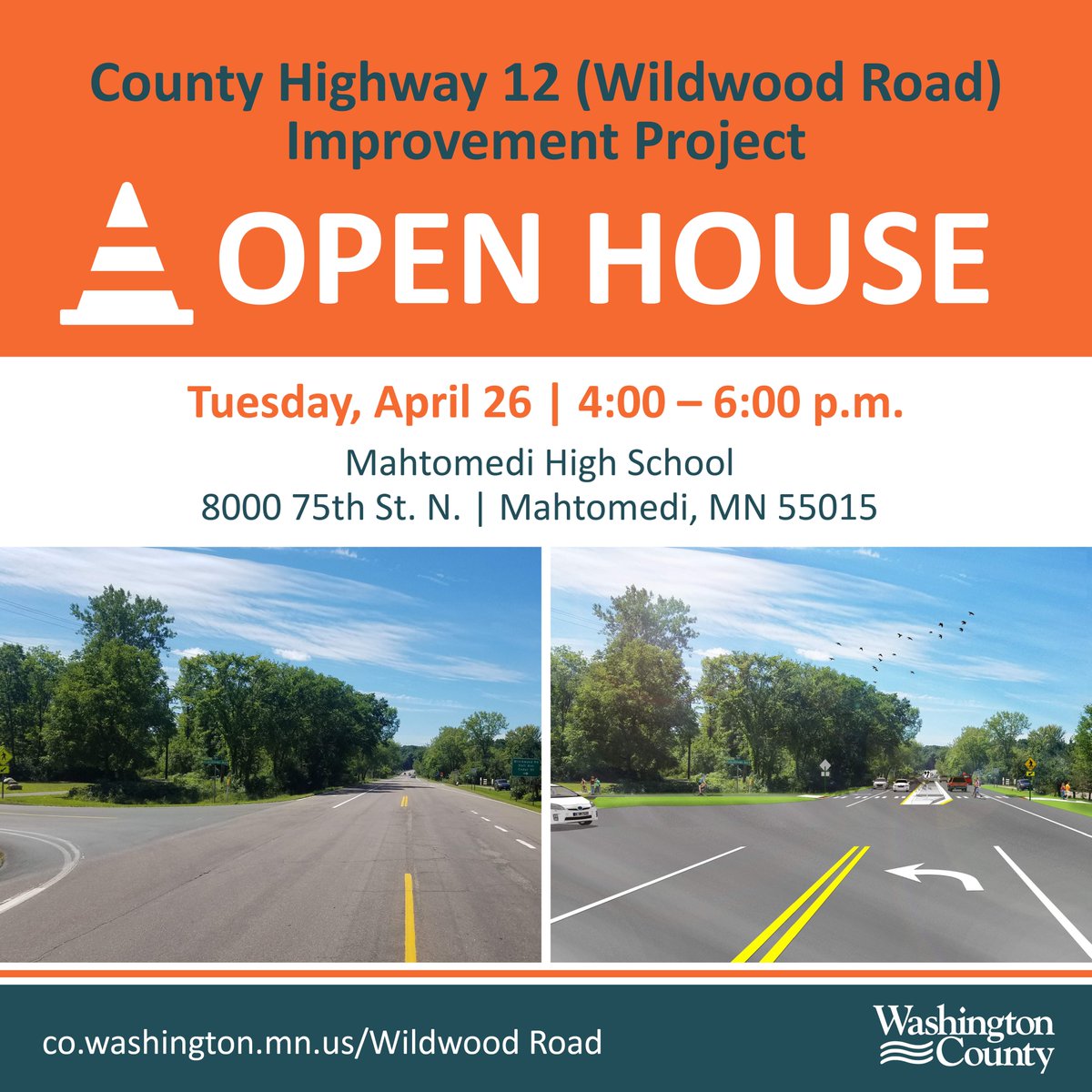 Washington County is hosting a pre-construction open house for the County Highway 12 (Wildwood Road) Improvement Project from Century Avenue to Stillwater Boulevard in @mahtomediMN. More info here: co.washington.mn.us/wildwoodroad