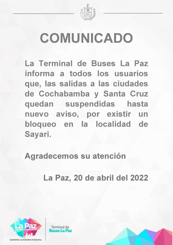 LaRazon_Bolivia's tweet photo. #Ciudades
La Terminal de Buses de #LaPaz informa a los usuarios que la salida de buses hacia #Cochamba y #SantaCruz, quedan sus pendidas “hasta nuevo aviso”, debido a un bloqueo en la población cochabambina de Sayari. https://t.co/5vs1VjYWrs