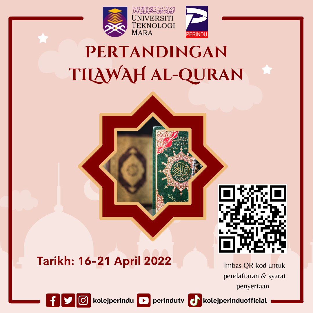 kolejperindu's tweet photo. Pertandingan Tilawah Al-Quran

Keindahan dan kemerduan bacaan alunan ayat suci Al-Quran daripada kalangan pelajar universiti akan dipertandingkan ke peringkat kebangsaan.

Para pelajar yang berminat dialu-alukan untuk  mengisi Google Form di link ini:

https://t.co/hzLBY3E70F https://t.co/DoryYeN1iw