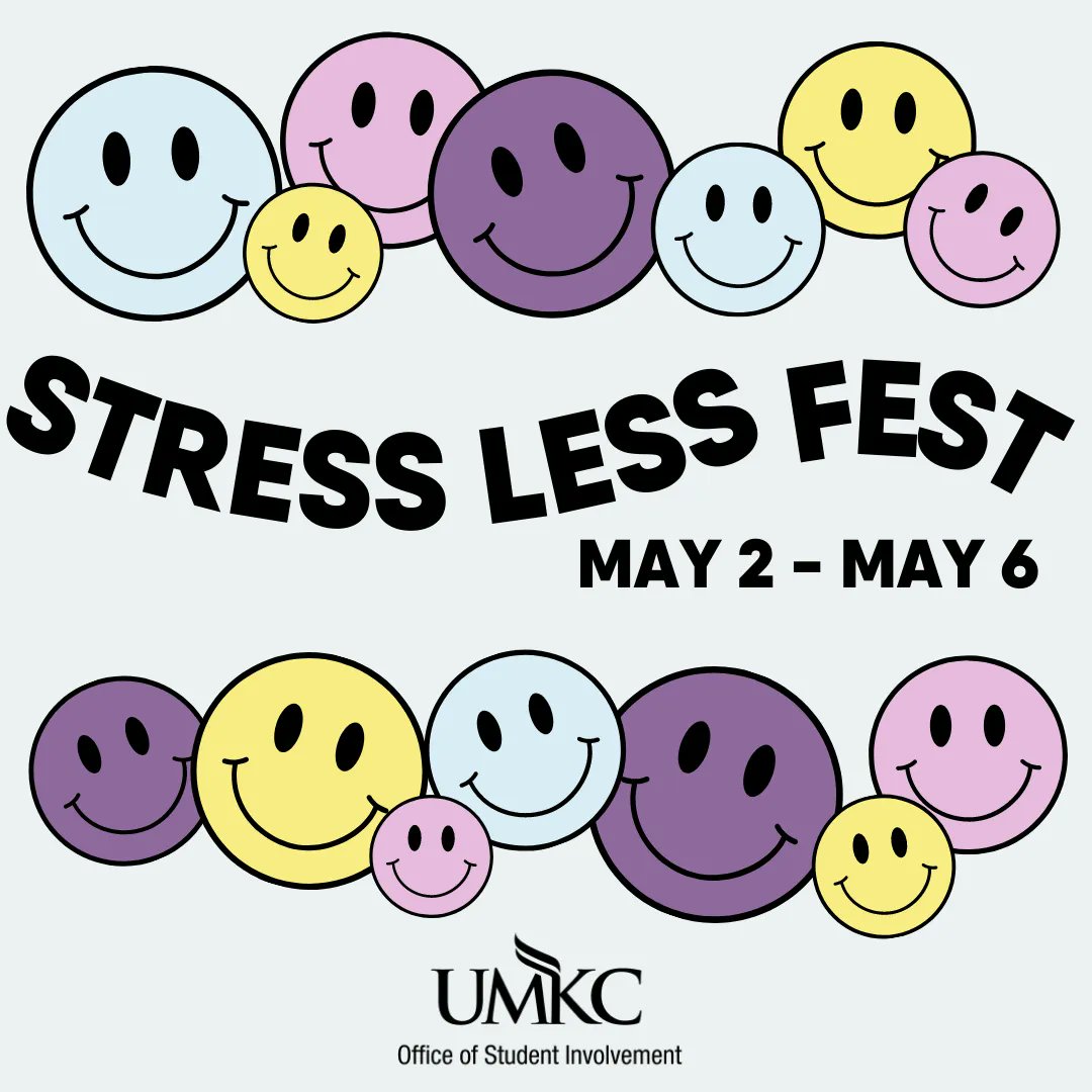 Save the date! Spring Stress Less Fest will take place from May 2 - May 6. Featured Stress Less Fest Events include Pause for Paws, Chair Massages, Late Night Breakfast, Campus Rec events, and more! Visit umkc.edu/get-involved/e… to learn more.