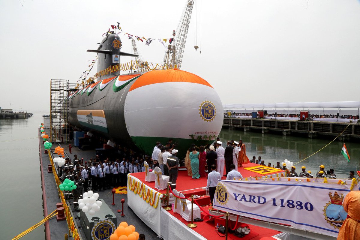 'Vagsheer' - Sixth and last submarine of #IndianNavy’s Project – 75 launched today. They are being built indigenously at Mazagon Dock in Mumbai.

📸: Indian Navy