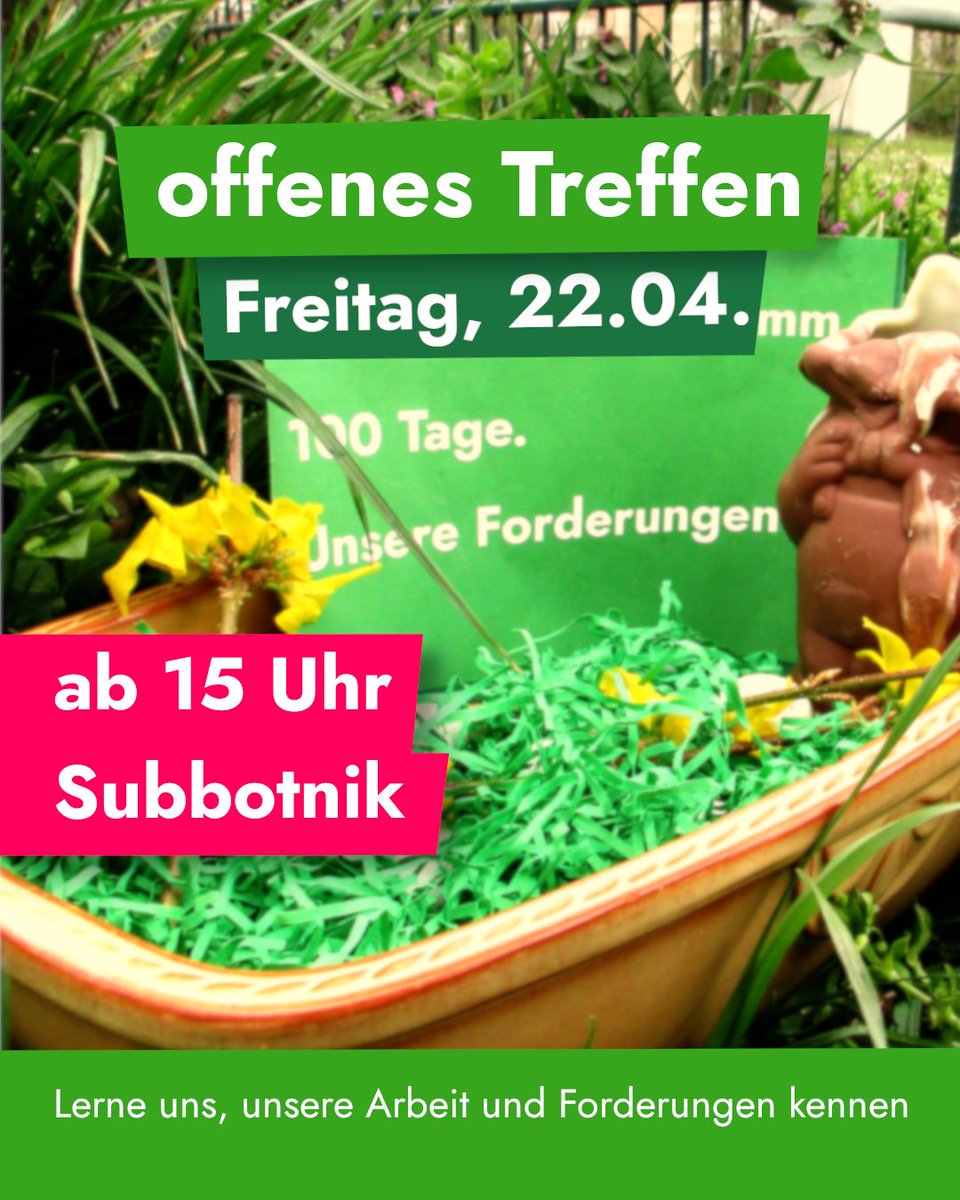 Ostern ist vorbei. Die Bundesregierung sucht weiter nach Konzepten um das 1,5° Ziel zu erreichen.

Du hast keine Lust mehr zu warten und willst Klimaschutz jetzt selbst in die Hand nehmen?
Dann komme zu unserem offenen Treffen (1/2)