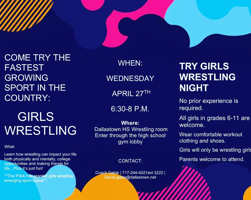 Know a girl in grades 6-11 who may want to learn more about the fastest growing sport in the country?! Tell them to come to Try Girls Wrestling Night next Wednesday, April 27 from 6:30-8 pm in the Dallastown wrestling room. #wrestlelikeagirl 🤼‍♀️