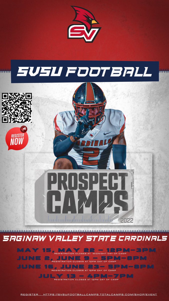 2022 SVSU Football Summer Camps
🔵 SIGNED UP NOW 🔴
Prospect Camp
📅 May 15 &amp; 22
📅 June 2, 9, 16 &amp; 23
📅 July 13