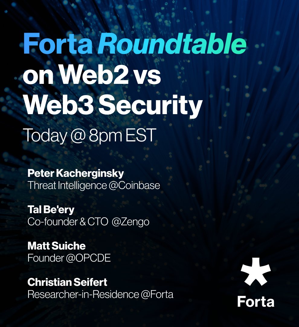 FortaNetwork's tweet photo. Roundtable on Web2 vs Web3 Security 🔐

Join @iphelix from the @coinbase threat intelligence team &amp; @blockthreat, @ZenGo's co-founder @TalBeerySec, @msuiche from @OPCDE and @cseifert researcher-in-residence @FortaNetwork Today at 8pm ET

Set a reminder 👇
https://t.co/ihCrMiC5q4 https://t.co/0wzvgcvasi