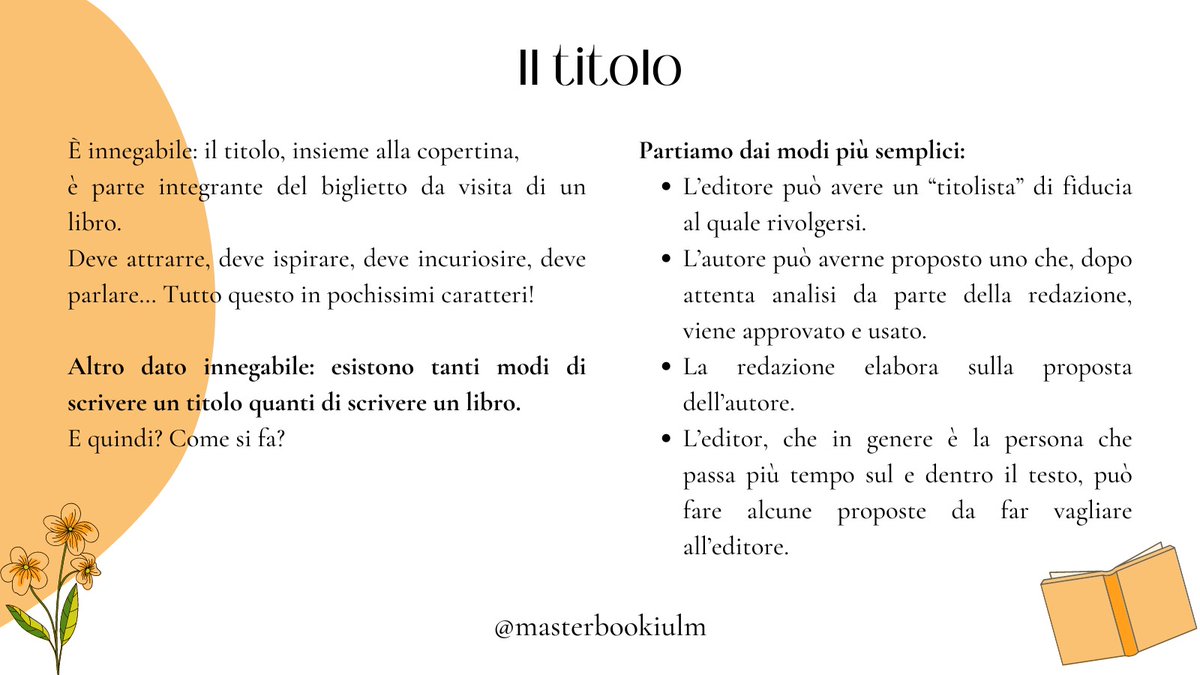 MasterBookIULM's tweet photo. Oggi per la rubrica "Come si fa?" parliamo del titolo, uno degli elementi che costituisce il biglietto da visita di un buon libro.

#comesifa #titolo #masterbook #iulm https://t.co/zSga14TWkV