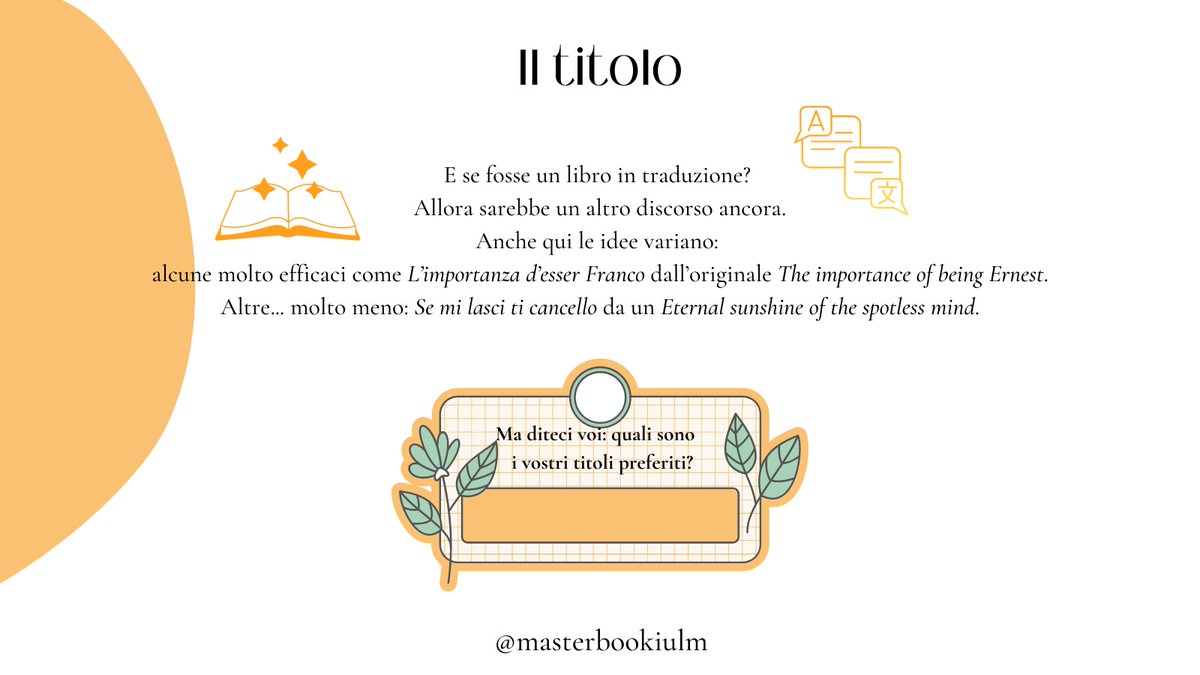 MasterBookIULM's tweet photo. Oggi per la rubrica "Come si fa?" parliamo del titolo, uno degli elementi che costituisce il biglietto da visita di un buon libro.

#comesifa #titolo #masterbook #iulm https://t.co/zSga14TWkV