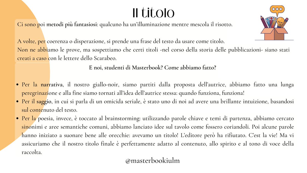 MasterBookIULM's tweet photo. Oggi per la rubrica "Come si fa?" parliamo del titolo, uno degli elementi che costituisce il biglietto da visita di un buon libro.

#comesifa #titolo #masterbook #iulm https://t.co/zSga14TWkV