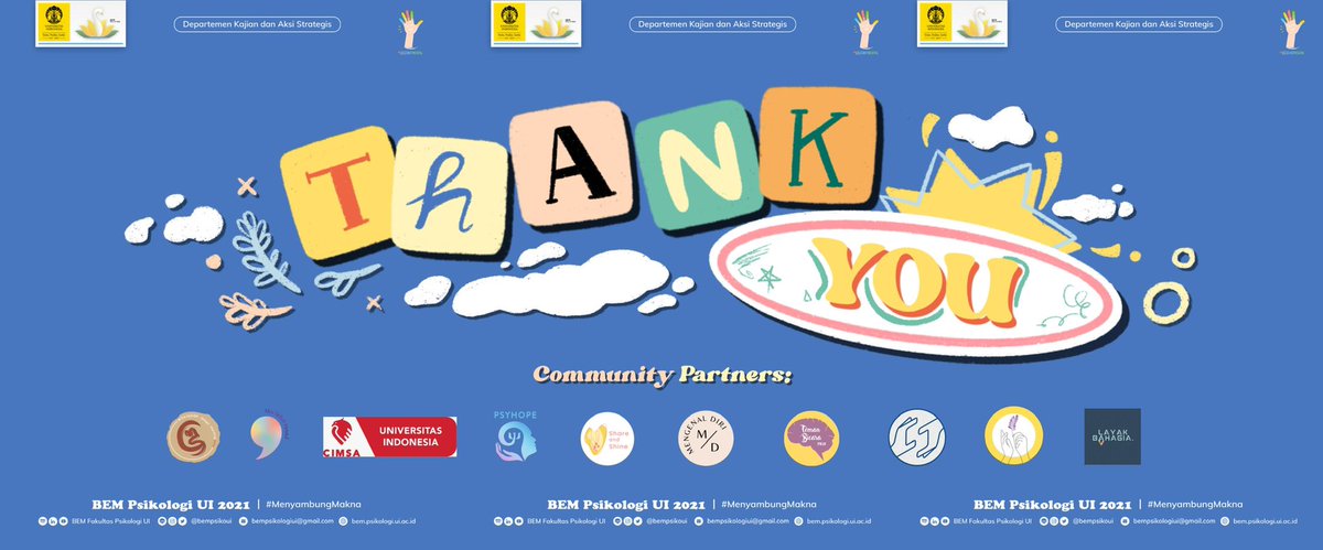uisehatmental's tweet photo. Terima kasih atas antusiasme dalam menikmati dan mengikuti seluruh rangkaian acara UISM 4.0. Kami juga ingin mengucapkan terima kasih kepada seluruh pihak yang telah mendukung & berpartisipasi dalam kesuksesan kegiatan kami
#BefriendYourself
#UISehatMental https://t.co/TaWQz82iAg