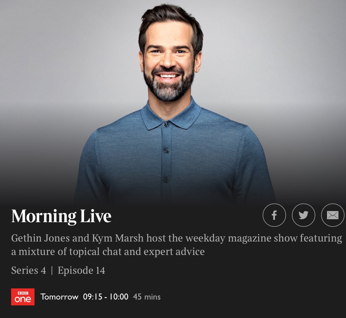 Looking forward to talking on <a href="/BBCMorningLive/">BBC Morning Live</a> tomorrow (Thursday) at 9:15am BBC1 about the explosion of mental health issues and how physical activity <a href="/parkrunUK/">parkrun UK</a> can help get you through it 

<a href="/tomwilliams1974/">Tom Williams</a> <a href="/chrissiesmiles/">Chrissie Wellington</a> <a href="/SekeramMohan/">Mohan sekeram</a> <a href="/DrZoeWilliams/">Zoe Williams</a> <a href="/DrMichaelMosley/">Michael Mosley</a>