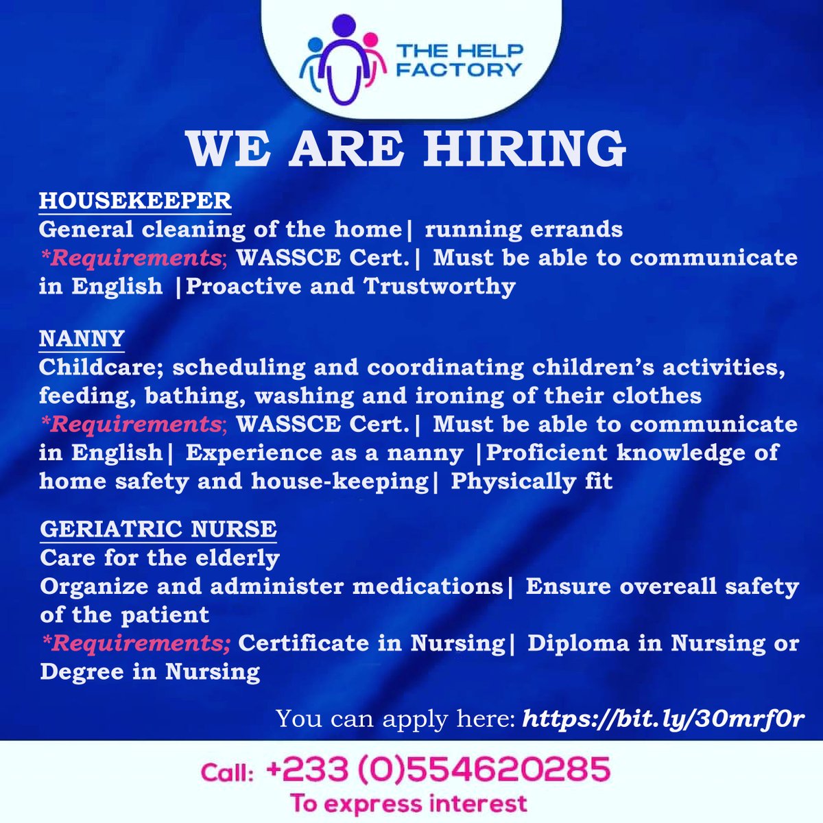 A retruitment company is hiring applicants capable of roles such as housekeepers, nannies and geriatric nurses, iterested applicants can complete their forms online via bit.ly/30mrf0r