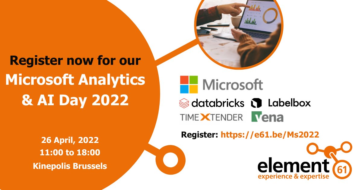 element61's tweet photo. We are looking forward to our @element61 Microsoft Analytics & AI Day 2022 at Kinepolis Brussels!
More info: https://t.co/aTB5Mi3VCa
Powered by #Microsoft #databricks #timextender #Labelbox #venasolutions
@element61
#ThoughtLeading #Analytics
@MooreBelgium https://t.co/W7uxefcF4F