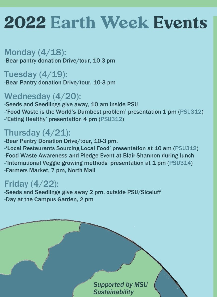 Hey Bears! 

Here's the updated schedule for earth week! Due to the weather today, day at the garden as been moved to Friday at 2pm and today's seedling giveaway has been moved inside the PSU.