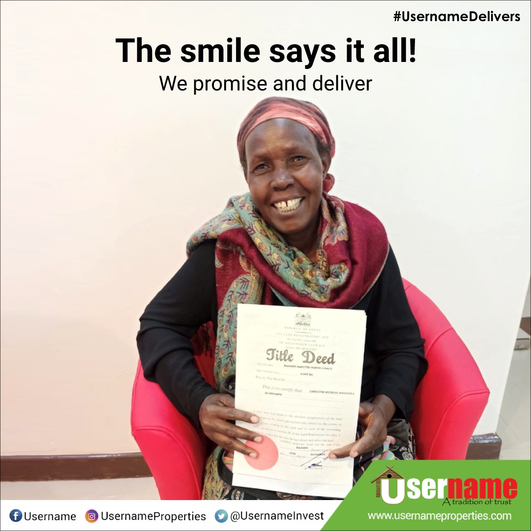 usernameltd's tweet photo. Happiness is receiving your title deed! 😊

If you have been thinking about owning land this year, talk to us to invest in our affordable properties from Kshs. 249,000 only.

To get started, SMS ‘PLOT’ to 20321 / call 0725 000 222
https://t.co/Vf7WqdFReV #UsernameDelivers https://t.co/enDCro8RtQ