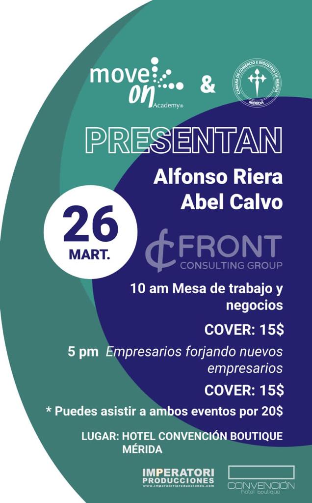 Este martes 26/04/2022 en Mérida tendremos Encuentro con Alfonso Riera y Abel Calvo, consultores en negocios, contáctanos 0274-2713855 / 0412-1241102. Aprovecha la oportunidad
<a href="/AlfonsoRS/">Alfonso Riera</a> <a href="/frontconsulting/">Front Consulting</a> @MoveOnAcademy <a href="/abelcalvo/">Abel Calvo</a>