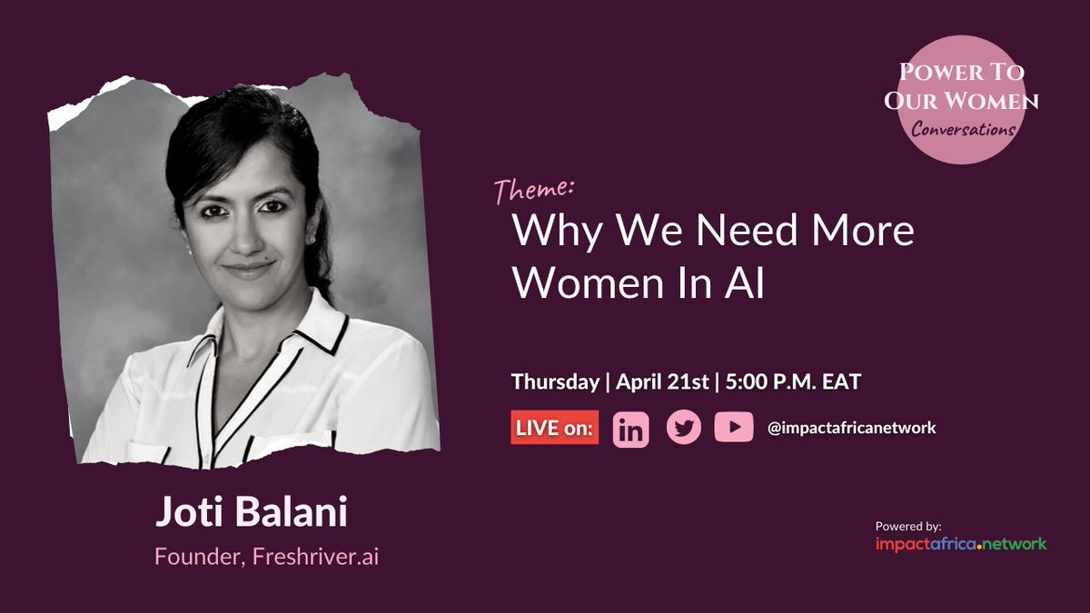 IANetworkTweets's tweet photo. Less than 24 hours to go!

Have you signed up for the latest #PowerToOurWomen Conversation?

Join us with @jotibalani as we unpack why we need more #Women in #AI💯

Sign up here: https://t.co/VYnr0E0teo
Tag a friend!

@women_in_ai 
#womenintech #womeninAI  #wednesdaythought #tech https://t.co/Dym64njqkl