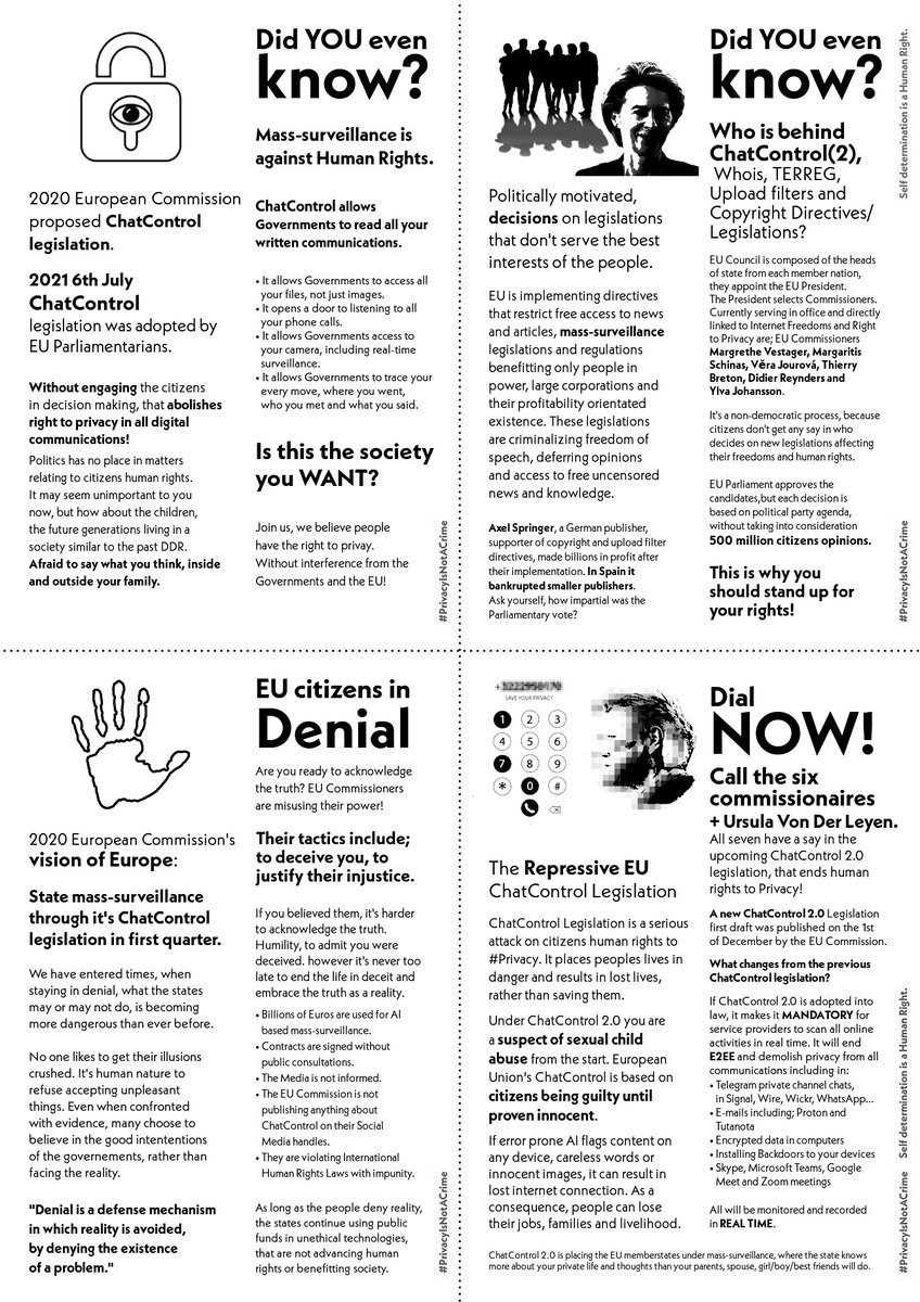 AA4325905766's tweet photo. Here's the #chatcontrol fliers in each languague for easy access in both black and white and in color
First here's the english 🇬🇧 and spanish 🇪🇸 translations of the fliers https://t.co/cOHQSdPpl6