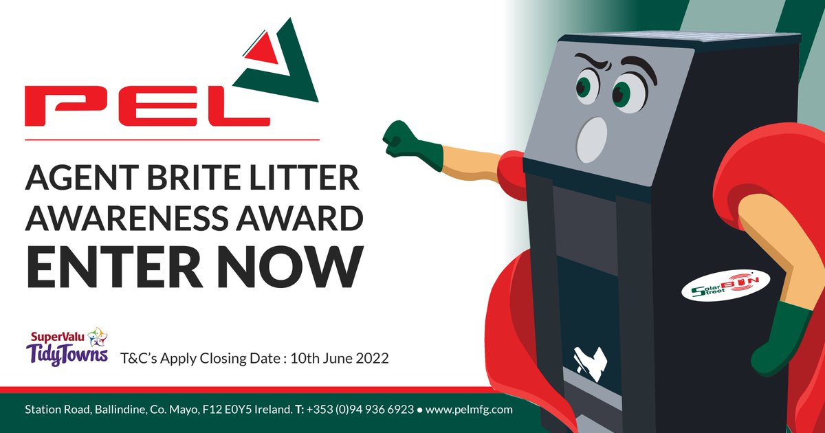 PELRecycling1's tweet photo. This year PEL is sponsoring of two BriteBins™ to one lucky @TidyTowns Ireland. PEL will provide the winning TidyTown with one Smart Solar Compacting BriteBin™ and one PEL IoT BriteBin™. #tidytowns22 #litterfree #climatechange #britebin #smartbin #environment #community https://t.co/zn1hyNoT5l