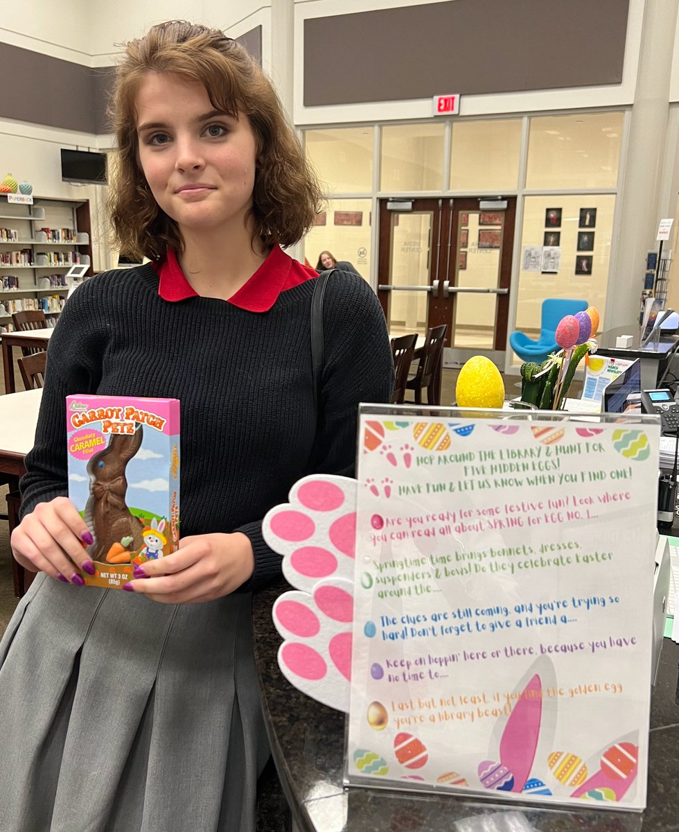 SaralandHSLib's tweet photo. Jillian made the 3rd student this month to attempt our scavenger hunt &amp; find ALL 5 hidden eggs! #libraryfun #explorethelibrary #aasl #SchoolLibraryMonth https://t.co/srMWalQpSM