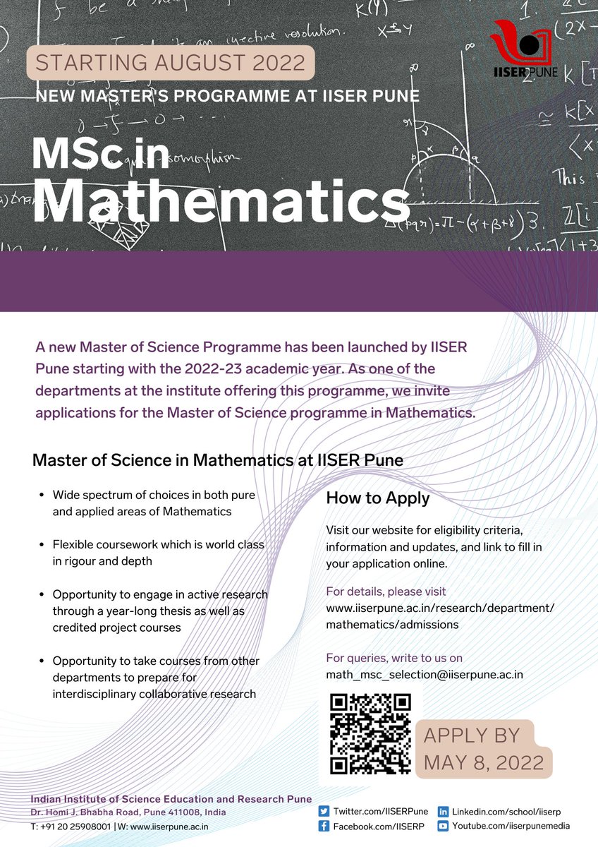 IISERPune's tweet photo. #IISERPune has #launched two-year Master of Science #MSc programme beginning with the academic year 2022-2023, in the departments of Chemistry, Earth and Climate Science, and Mathematics

On how to apply and info on last dates:
https://t.co/BVrcGDr4ST
https://t.co/YyvDgl6NTw https://t.co/XYp93aSUv3